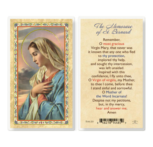 Our Lady of Grace Memorare St. Bernard Gold-Stamped Laminated Holy Card - 25 Pack