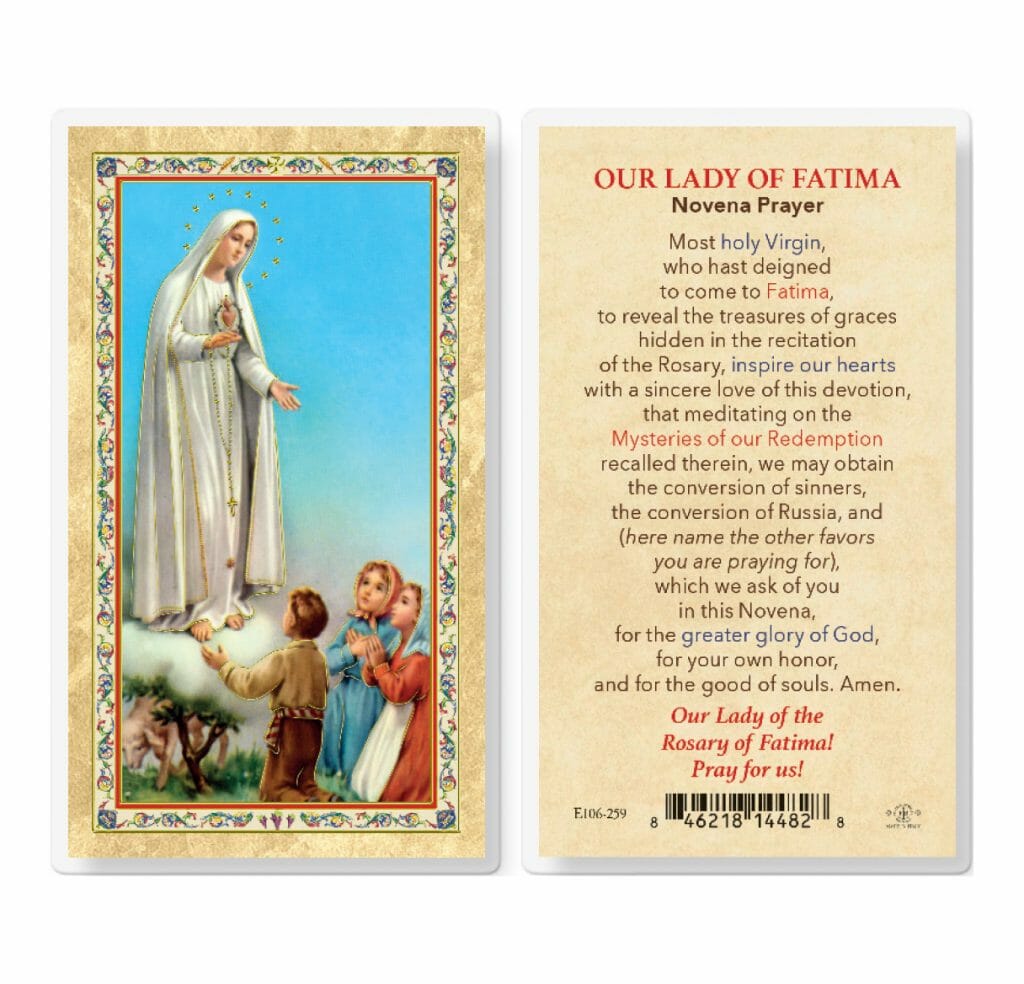 Our Lady of Fatima Novena Prayer GoldStamped Laminated Holy Card