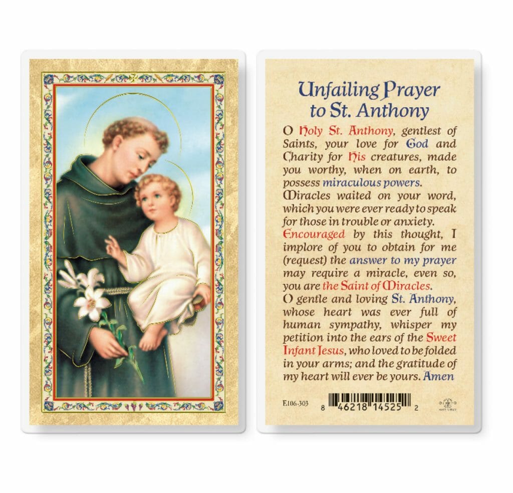 St. Anthony - Unfailing Prayer Gold-Stamped Laminated Holy Card - 25