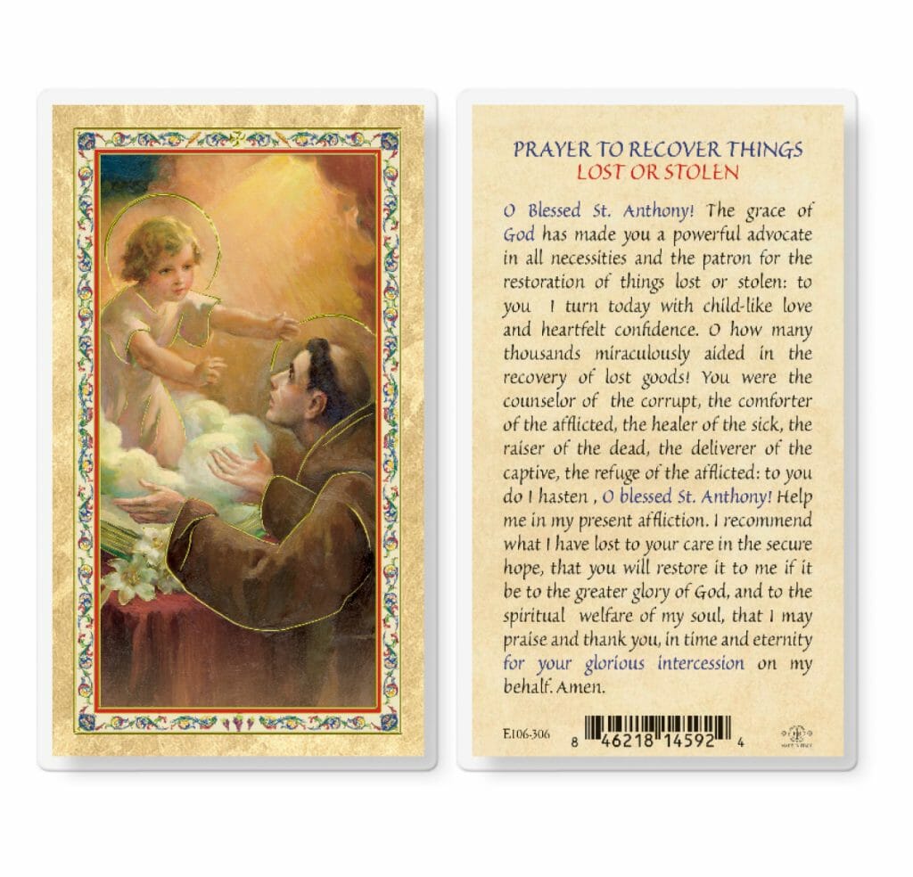 Prayer To Recover Lost Things Gold Stamped Laminated Holy Card 25 Pack Buy Religious 5170