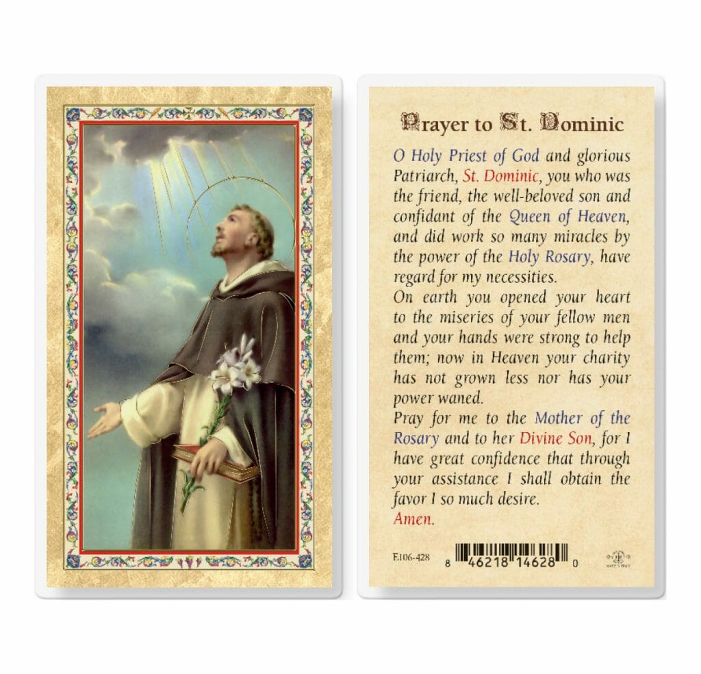 Prayer To St. Dominic Laminated Holy Card Novena Prayers, Catholic EA5