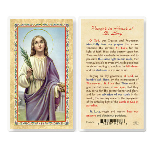 Prayer in Honor of St. Lucy Gold-Stamped Laminated Holy Card - 25 Pack