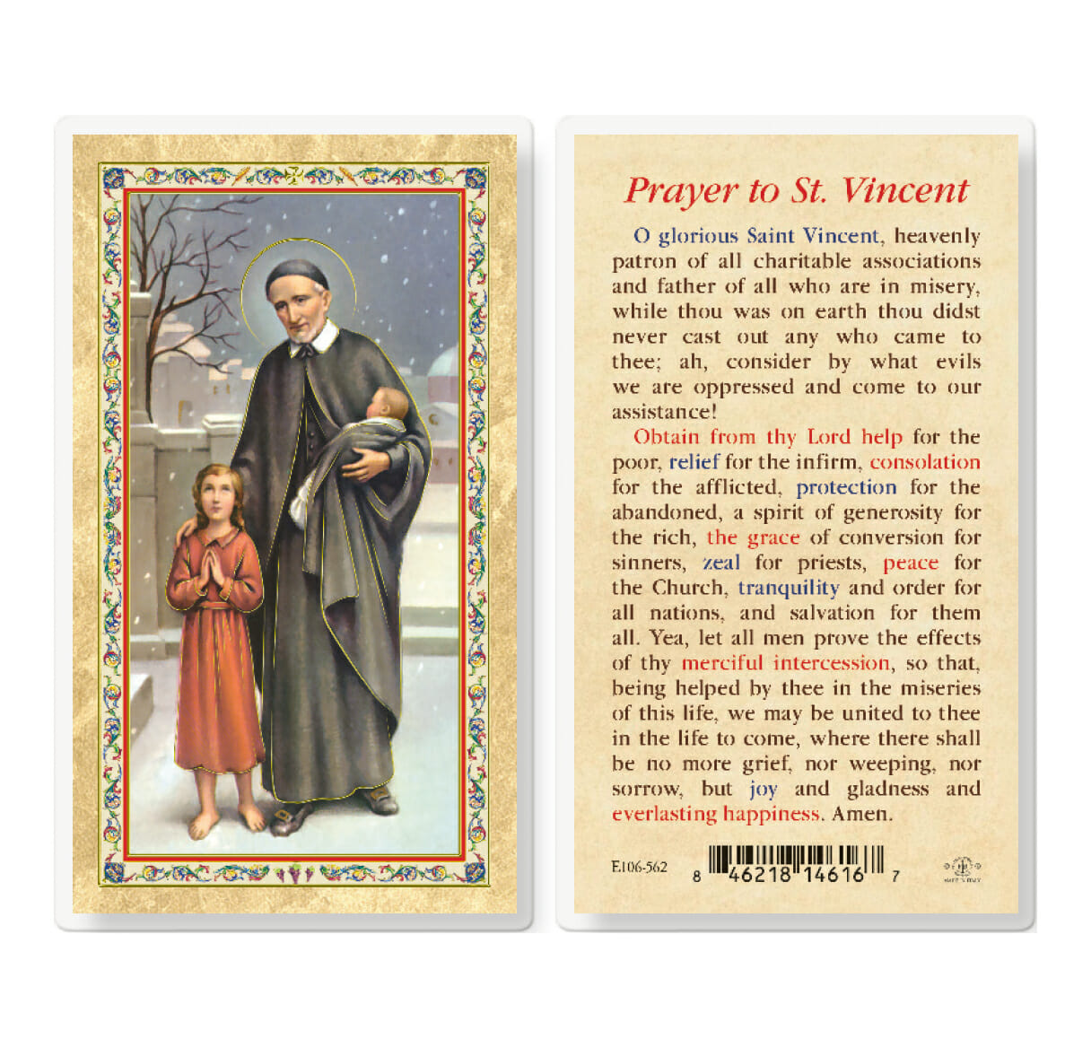 Vincent Laminated Holy Card Saint Vincent with Prayer to St 