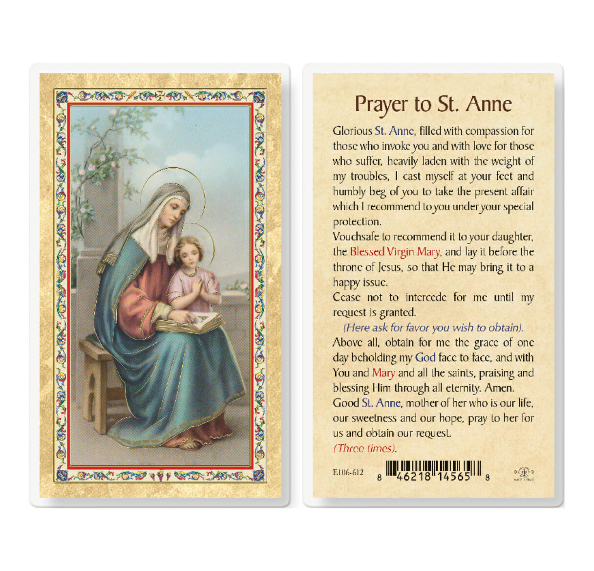 St. Anne - Prayer Obtain Favor Gold-Stamped Laminated Holy Card - 25 ...