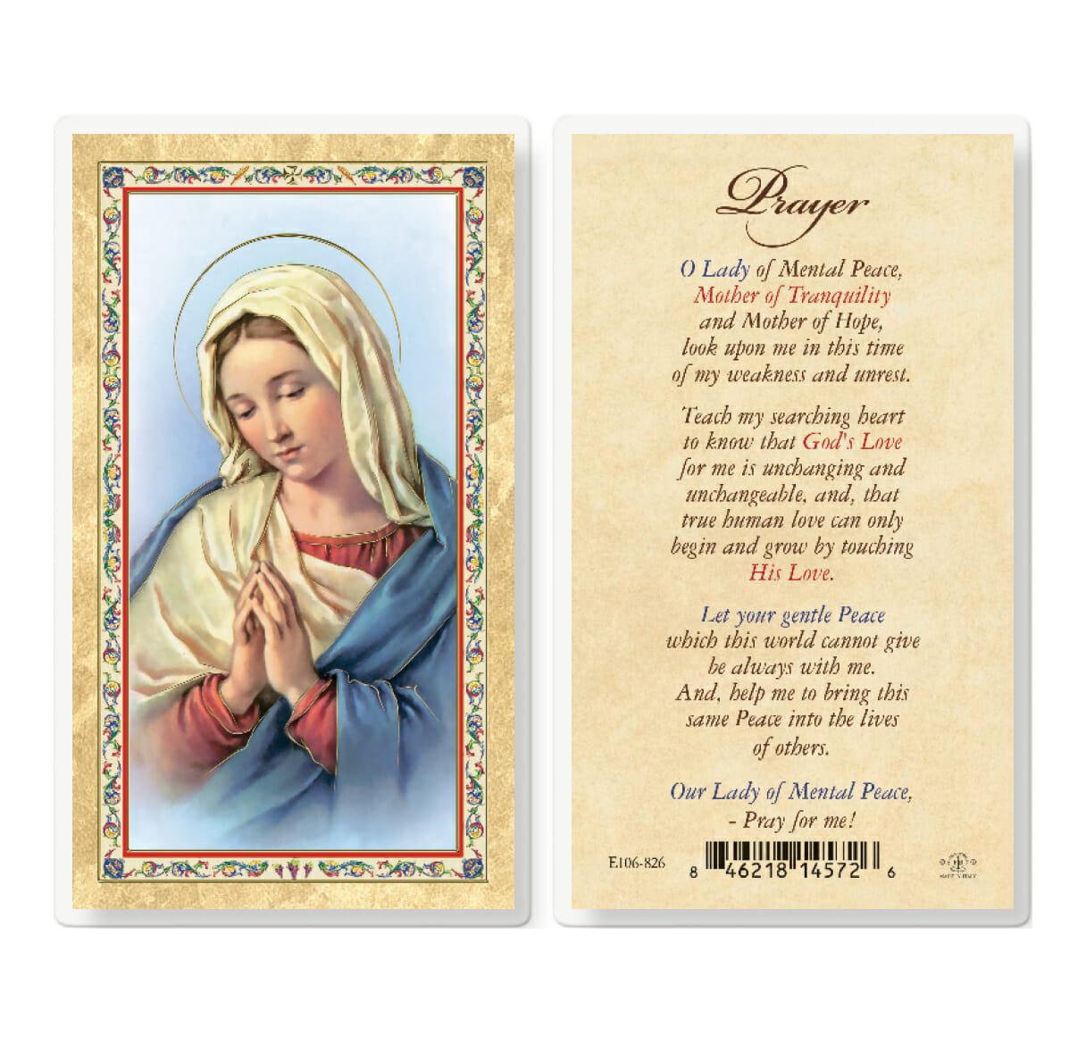Our Lady of Mental Peace Prayer Laminated Holy Card