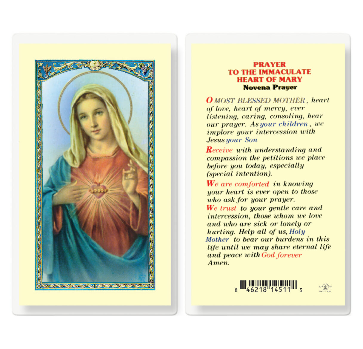 Immaculate Heart of Mary Novena Laminated Holy Card - 25 Pack