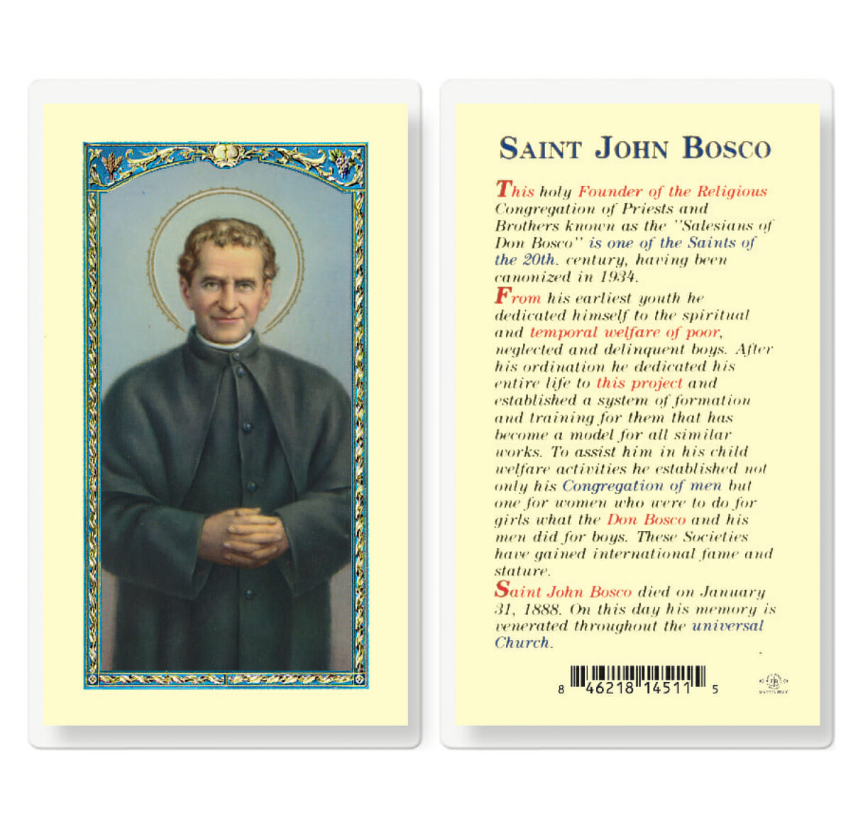 Saint John Bosco Laminated Holy Card - 25 Pack - Buy Religious Catholic ...