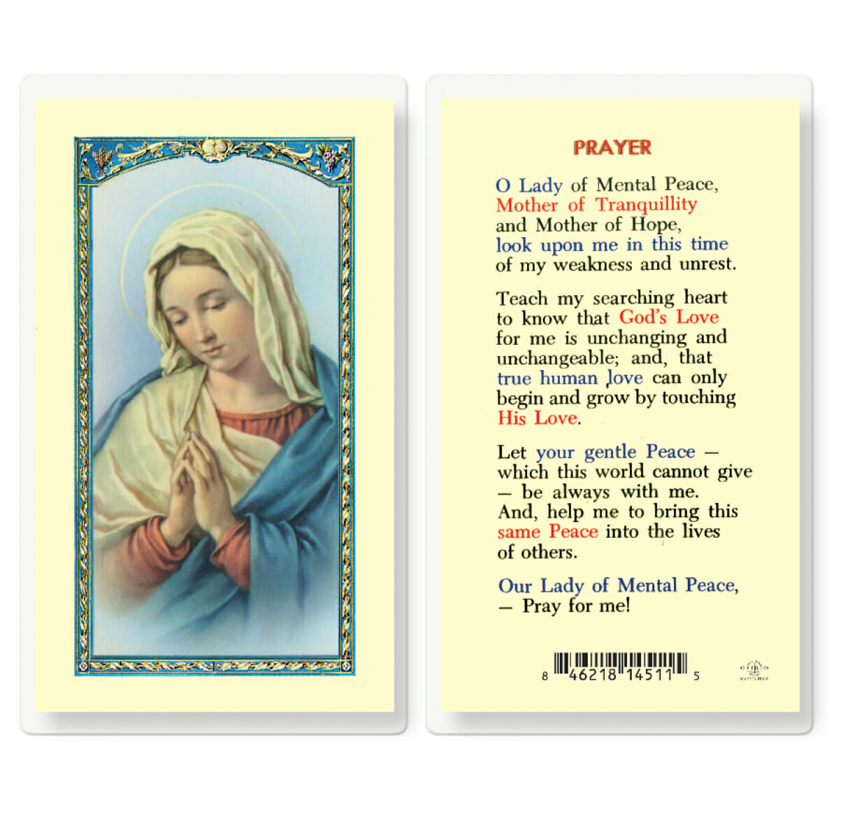 Laminated Holy Card Our Lady of Mental Peace Prayer