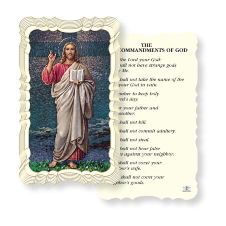 Christ the Teacher Gold-Foil Embossed Linen Holy Card – The Ten Commandments – 50 Pack