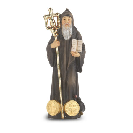Saint Benedict – Protector Against Evil Hand-Painted Resin Statue – 4" – Italian Prayer Card