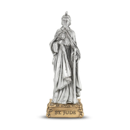 Saint Jude Thaddeus Fine Pewter Statue – 4.5" – Gold Tone Base – Hand Polished Antique Silver – USA Made