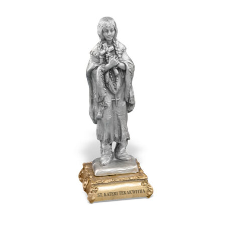 Saint Kateri Tekakwitha Fine Pewter Statue – 4.5" – Hand Polished Antique Silver – Gold Tone Base – USA Made