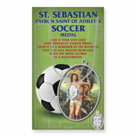 Saint Sebastian – Patron Saint of Athletes Pewter Oval Double-Sided Women's Soccer Medal – 0.8" x 0.5" – 18" Stainless Steel Chain