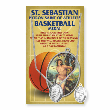 Saint Sebastian – Patron Saint of Athletes Pewter Oval Double-Sided Women's Basketball Medal – 0.8" x 0.5" – 18" Stainless Steel Chain