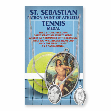 Saint Sebastian – Patron Saint of Athletes Pewter Oval Double-Sided Tennis Medal – 0.8" x 0.5" – 18" Stainless Steel Chain