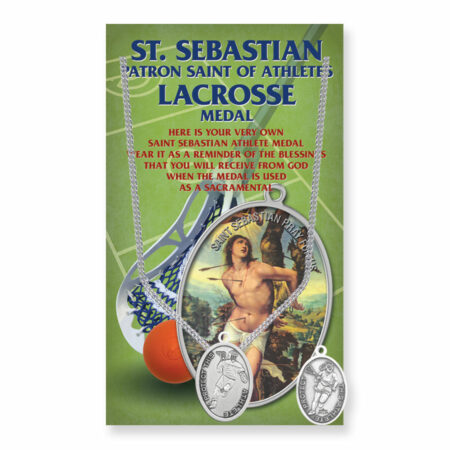 Saint Sebastian – Patron Saint of Athletes Pewter Oval Double-Sided Lacrosse Athlete Medal – 0.8" x 0.5" – 18" Stainless Steel Chain