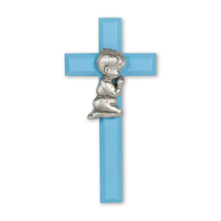 Blue Wood Cross with Praying Boy, 7"