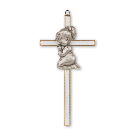 Gold Plated Pearlized Cross with Praying Girl, 7"