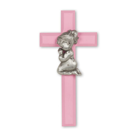 Pink Wood Cross with Praying Girl, 7"