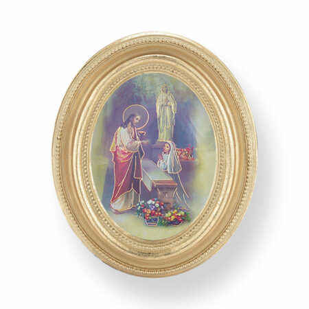 First Communion Girl with Jesus Gold-Leaf Oval Frame – Framed Glass Print – 4" x 6" – Made in Italy
