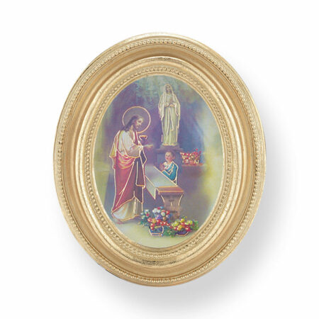 First Communion Boy with Jesus Gold-Leaf Oval Frame – Framed Glass Print – 3.75" x 4.5" – Made in Italy