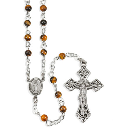 Genuine Tiger Eye 4mm Bead Rosary – Deluxe Center & Crucifix – 17" Length – Velvet Gift Box