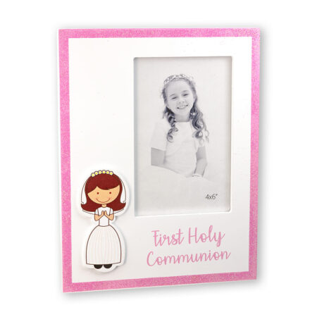 Girls First Holy Communion Photo Frame – Pink Lettering – 7" x 9" – Holds 4" x 6"