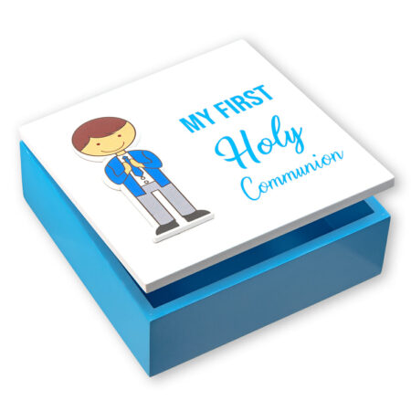 Boys First Communion Wooden Keepsake Box – Blue Lettering – 5.5" x 5.5" x 1.75"