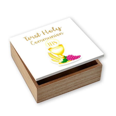 First Communion Unisex Wooden Keepsake Box – Gold Chalice & Wheat Design – 5.5" x 5.5" x 1.75"