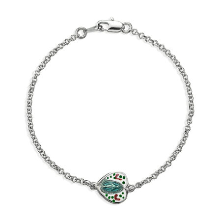Sterling Silver Miraculous Medal Hand Painted Heart on Platinum Plated Rolo Chain Bracelet 7 1/2"
