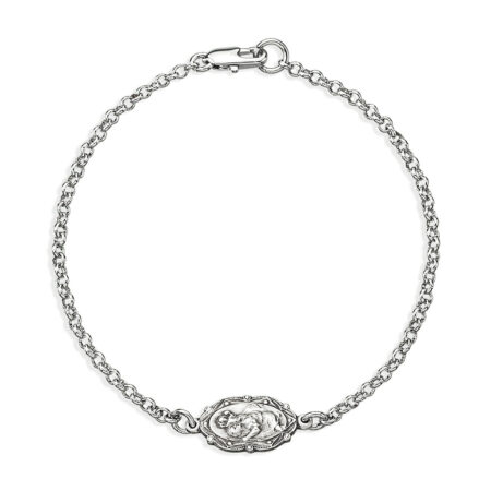 Sterling Silver Saint Christopher Medal on Platinum Plated Rolo Chain Bracelet 7 1/2"