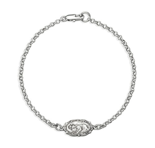 Sterling Silver Saint Christopher Medal on Platinum Plated Rolo Chain Bracelet 7 1/2"