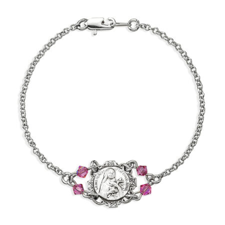 Sterling Silver St. Therese Medal with Fine Crystal Pink Beads on Platinum Plated Rolo Bracelet 7 1/2"
