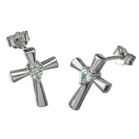 Sterling Silver Cross Earrings with Crystal Heart-Shaped CZ