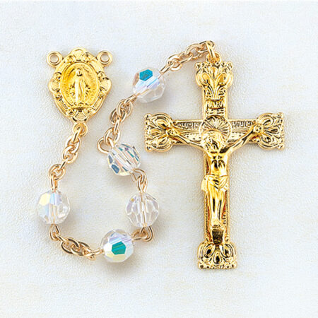 5mm Finest Aurora Crystal Gold Plated Round Beads with Gold Over Sterling Crucifix and Center