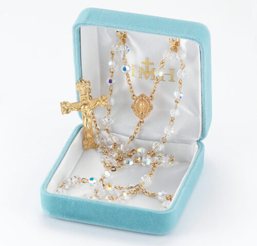 5mm Finest Aurora Crystal Gold Plated Round Beads with Gold Over Sterling Crucifix and Center - Image 3