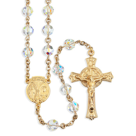 7mm Finest Aurora Crystal Gold Plated Round Beads with Gold Over Sterling Crucifix and Center