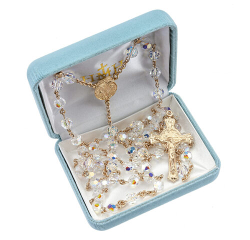 7mm Finest Aurora Crystal Gold Plated Round Beads with Gold Over Sterling Crucifix and Center - Image 2