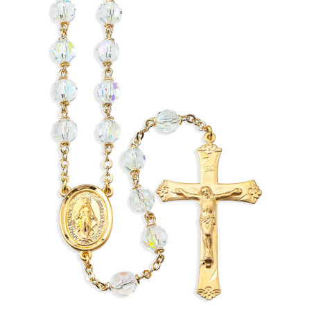 7mm Aurora Crystal Czech Beads with Gold Over Sterling Silver Crucifix and Center