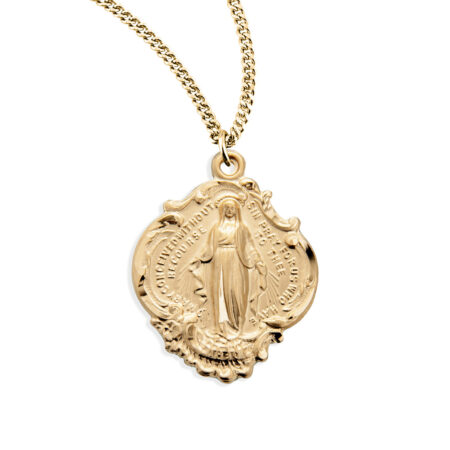 Gold Over Sterling Silver Large Baroque Miraculous Medal with Hail Mary Prayer