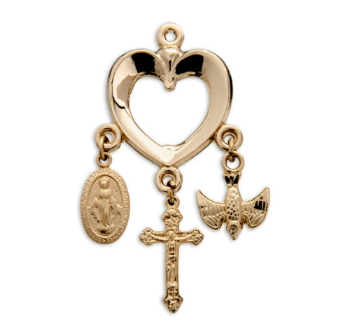 Gold Over Sterling Silver Heart with Miraculous Medal, Crucifix & Holy Spirit Charms - Image 2