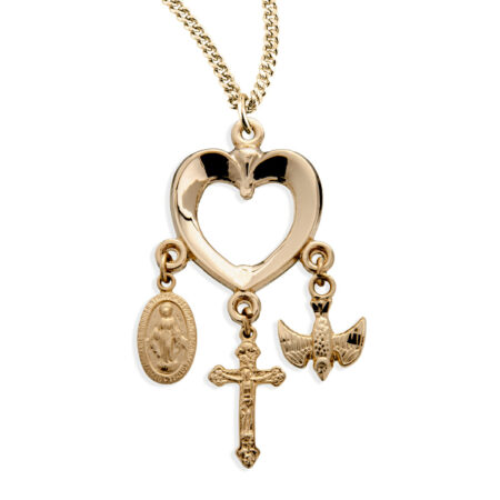 Gold Over Sterling Silver Heart with Miraculous Medal, Crucifix & Holy Spirit Charms