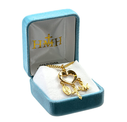 Gold Over Sterling Silver Heart with Miraculous Medal, Crucifix & Holy Spirit Charms - Image 4