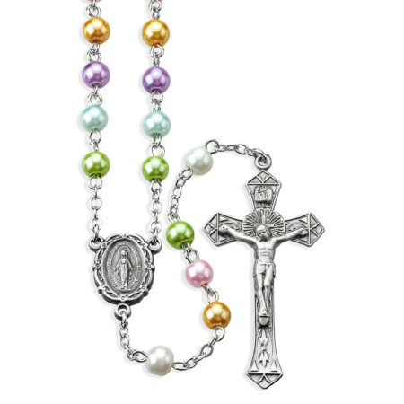 6mm Pearlized Multi-Color Beads with Pewter Crucifix and Center