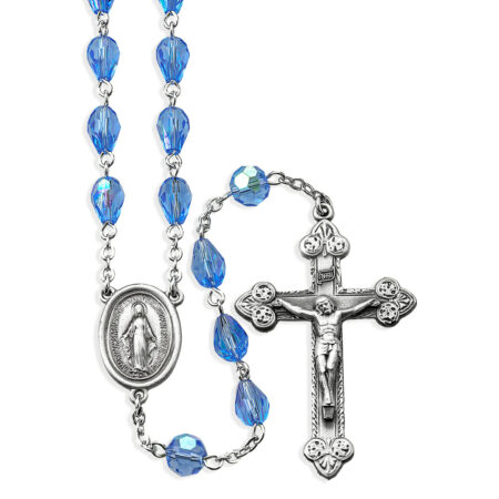 6x9mm Sapphire Tear Shape Crystal Beads with Pewter Crucifix and Center