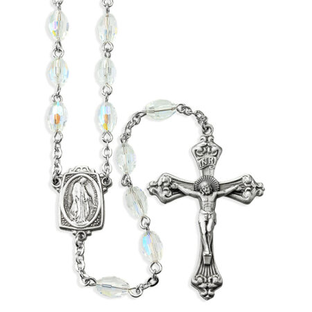 6x9mm Crystal Aurora Faceted Oval Glass Bead Rosary made with Genuine Pewter Crucifix and Centerpiece