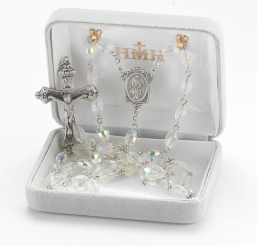 6x9mm Crystal Aurora Faceted Oval Glass Bead Rosary made with Genuine Pewter Crucifix and Centerpiece - Image 3