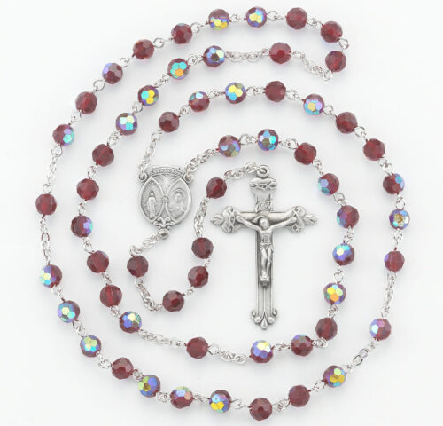 6mm Ruby Glass Faceted Beads with Pewter Crucifix and Center - Image 2