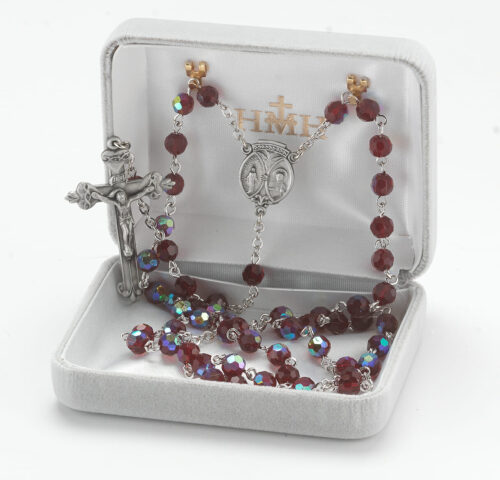 6mm Ruby Glass Faceted Beads with Pewter Crucifix and Center - Image 3