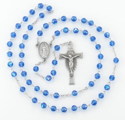 6mm Sapphire Faceted Tin Cut Glass Bead Rosary with Genuine Pewter Sun Burst Crucifix and Miraculous Medal Centerpiece - Image 2